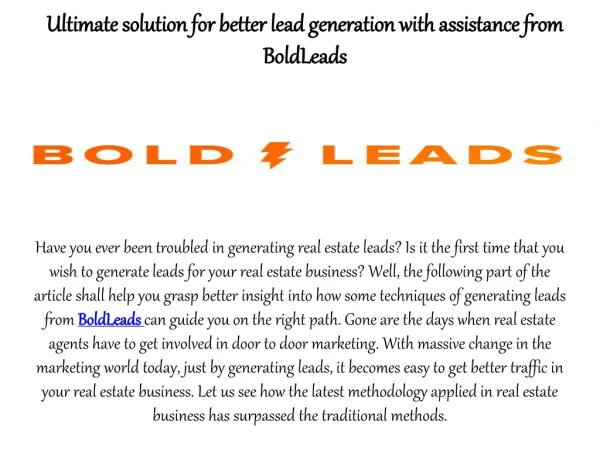 Ultimate solution for better lead generation with assistance from BoldLeads