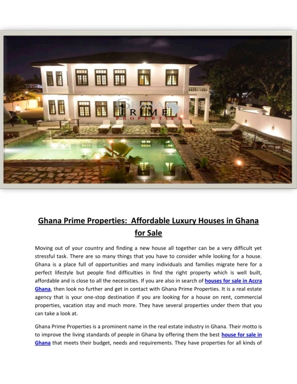 Ghana Prime Properties: Affordable Luxury Houses in Ghana for Sale