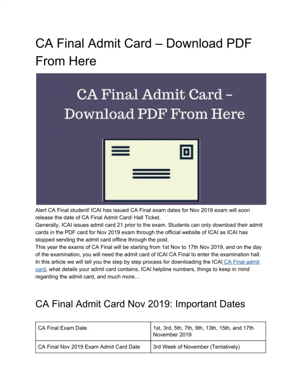 CA Final Admit Card – Download PDF From Here