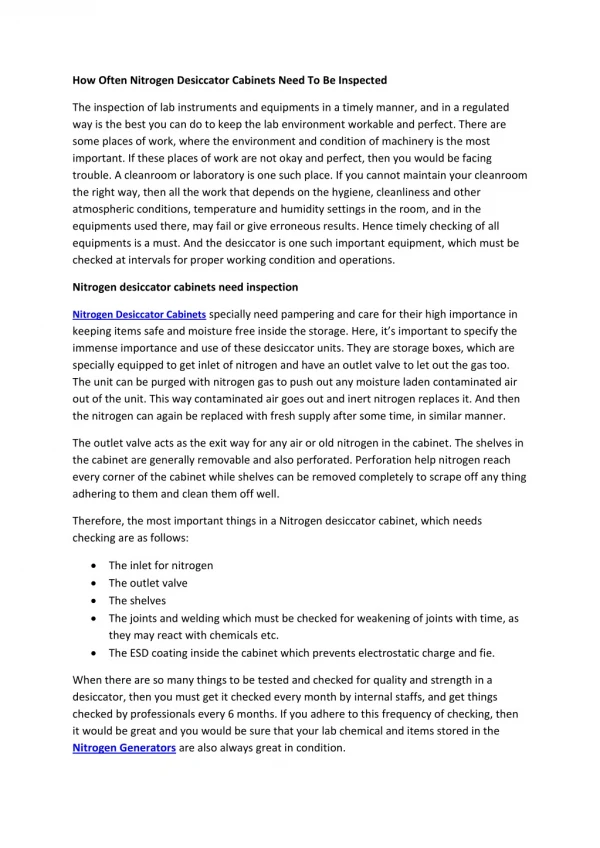 how often nitrogen desiccator cabinets need