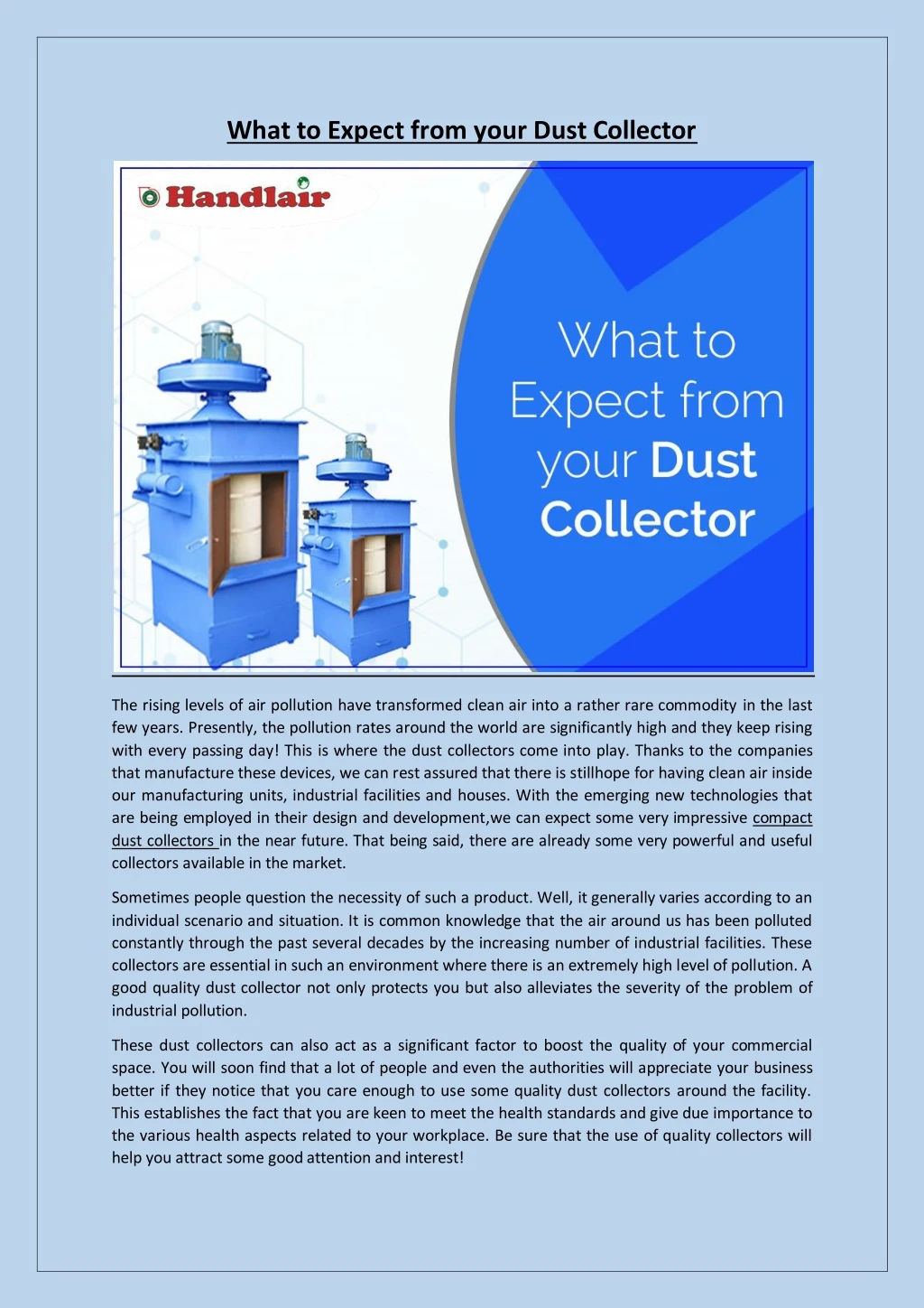 what to expect from your dust collector