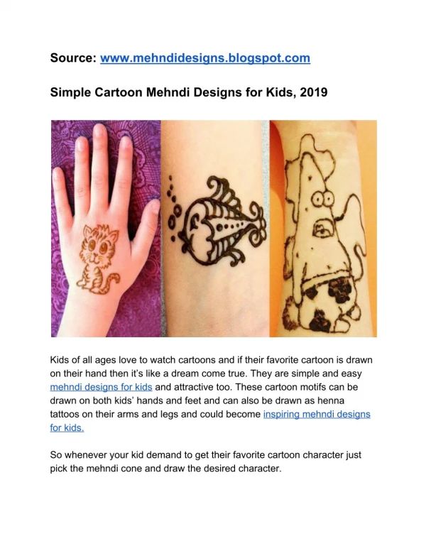Simple Cartoon Mehndi Designs for Kids, 2019