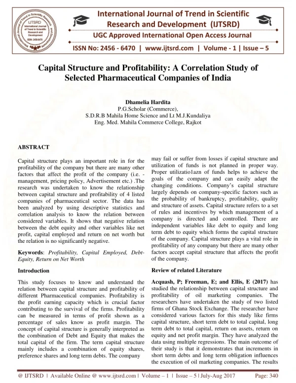 Capital Structure and Profitability A Correlation Study of Selected Pharmaceutical Companies of India