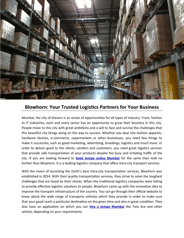 Blowhorn: Your Trusted Logistics Partners for Your Business