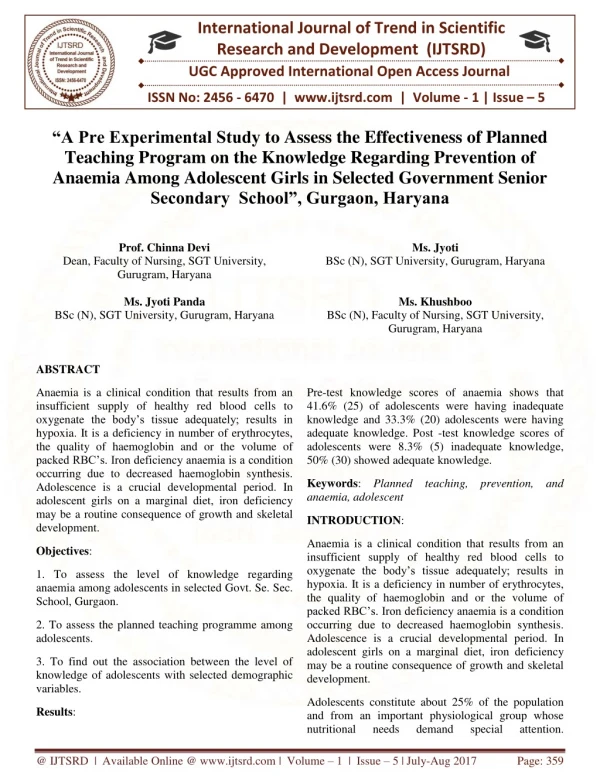 "A Pre Experimental Study to Assess the Effectiveness of Planned Teaching Program on the Knowledge Regarding Prevention
