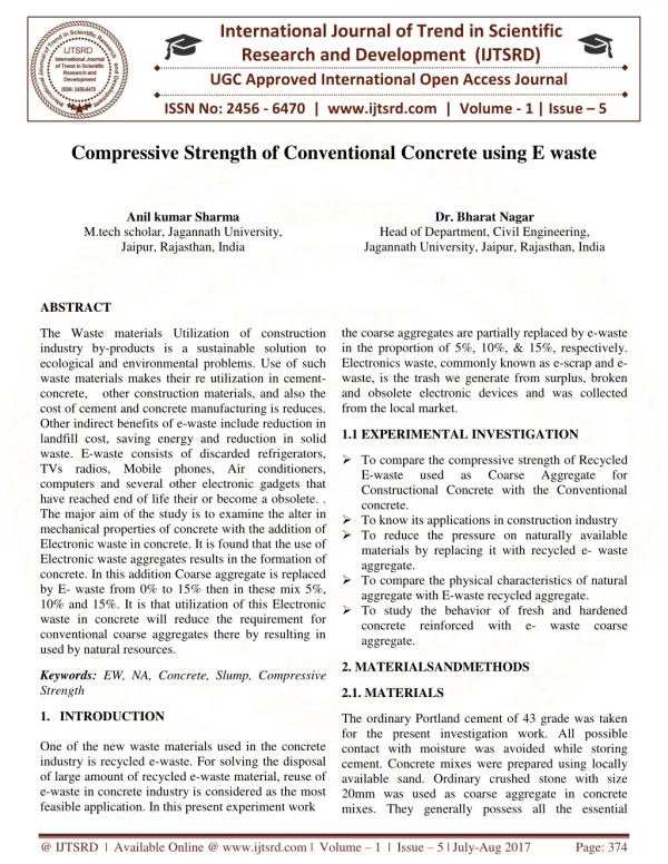 Compressive Strength of Conventional Concrete Using E Waste