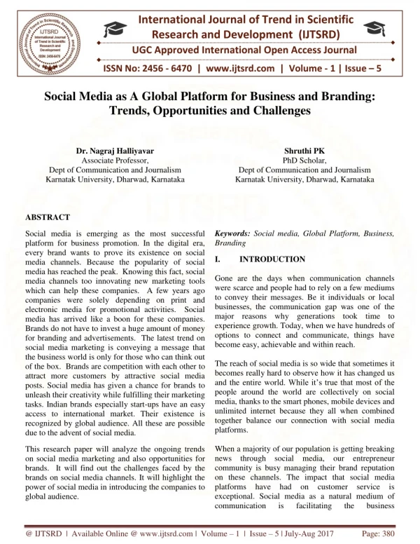Social Media as A Global Platform for Business and Branding Trends, Opportunities and Challenges