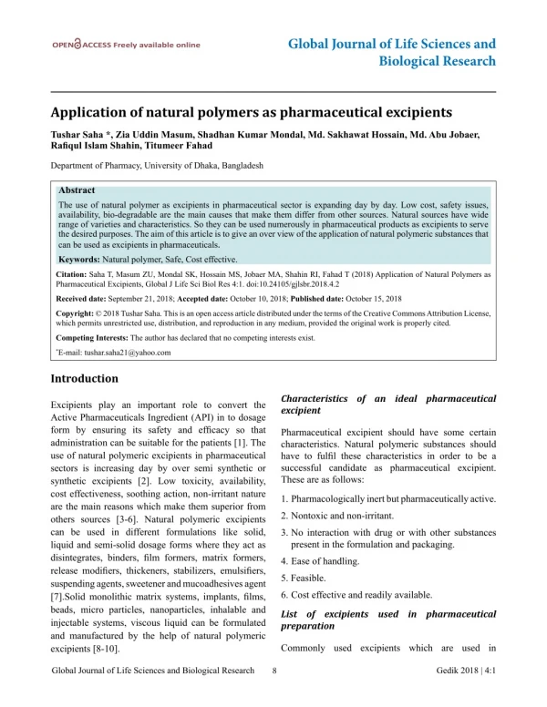 Application of natural polymers as pharmaceutical excipients