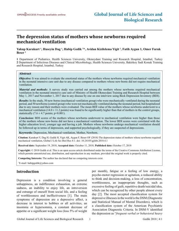 The depression status of mothers whose newborns required mechanical ventilation