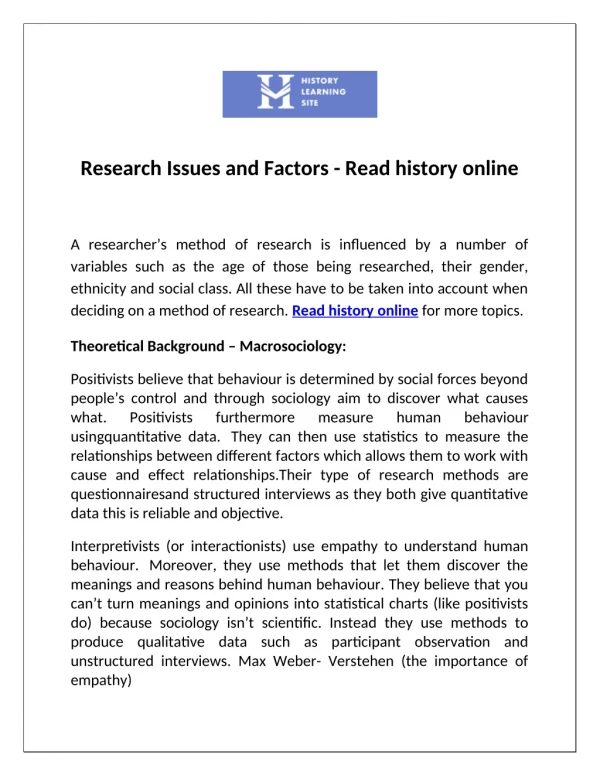 Research Issues and Factors - Read history online