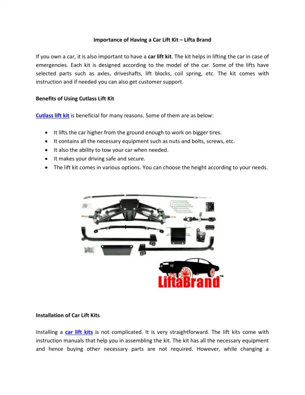 Importance of Having a Car Lift Kit – Lifta Brand