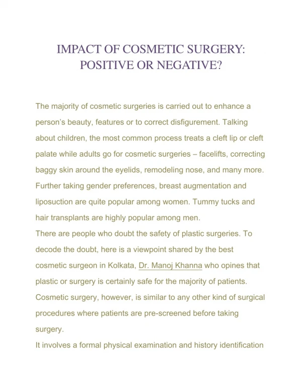 IMPACT OF COSMETIC SURGERY: POSITIVE OR NEGATIVE?