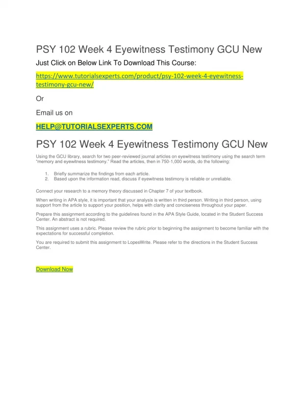 PSY 102 Week 4 Eyewitness Testimony GCU New