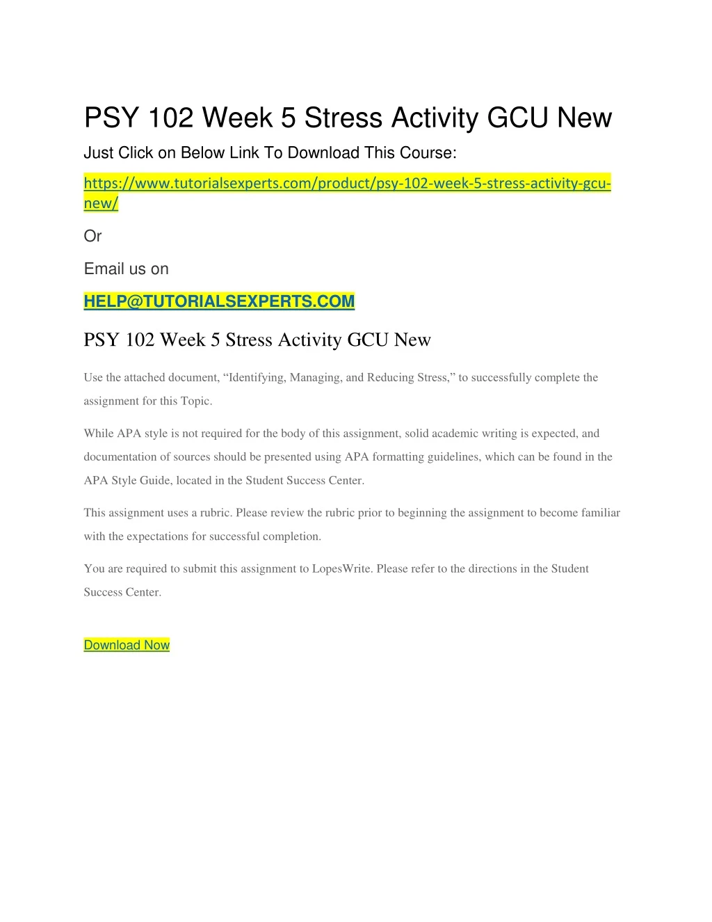 psy 102 week 5 stress activity gcu new