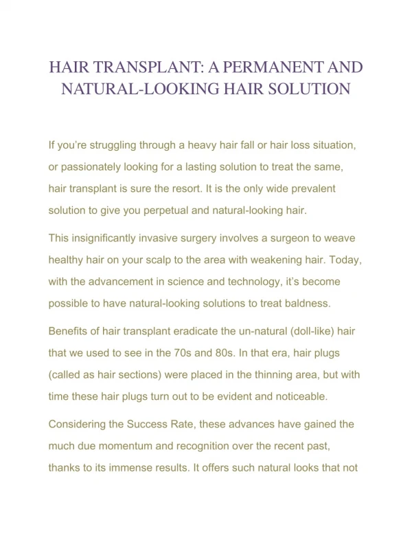 HAIR TRANSPLANT: A PERMANENT AND NATURAL-LOOKING HAIR SOLUTION