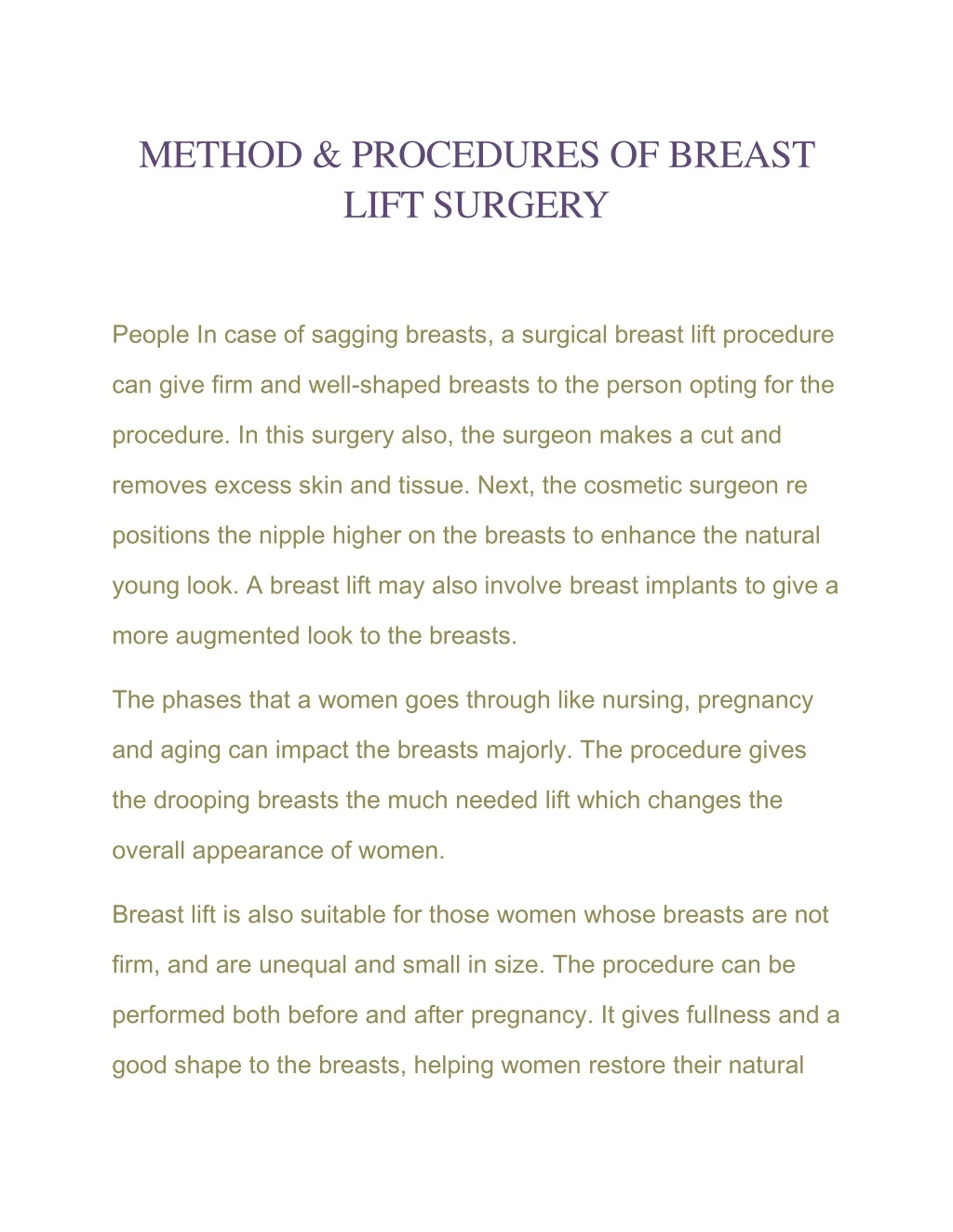 method procedures of breast lift surgery