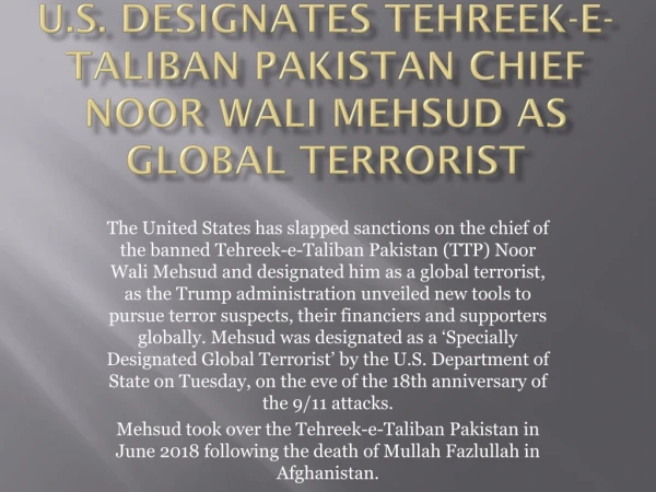 U.S. designates Tehreek-e-Taliban Pakistan chief Noor Wali Mehsud as global terrorist