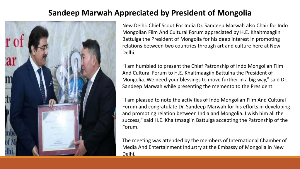 sandeep marwah appreciated by president