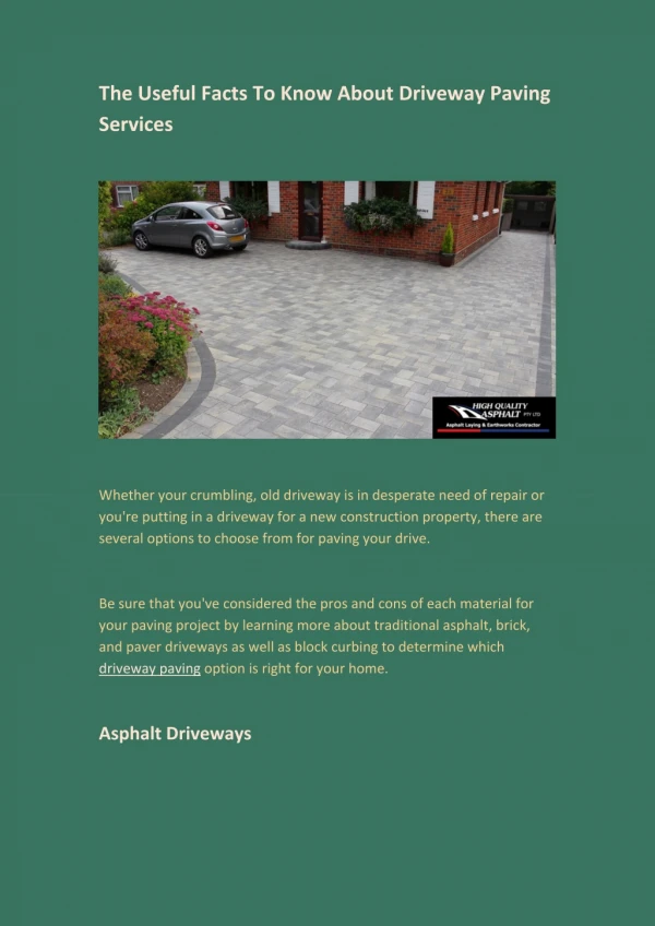The Useful Facts To Know About Driveway Paving Services