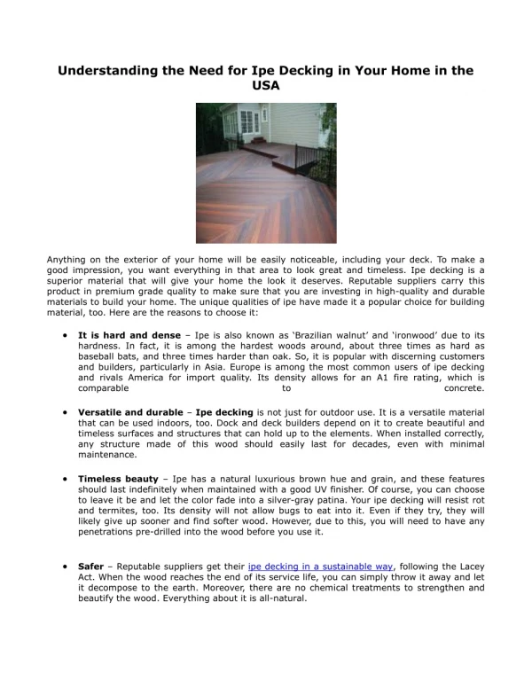 Understanding the Need for Ipe Decking in Your Home in the USA