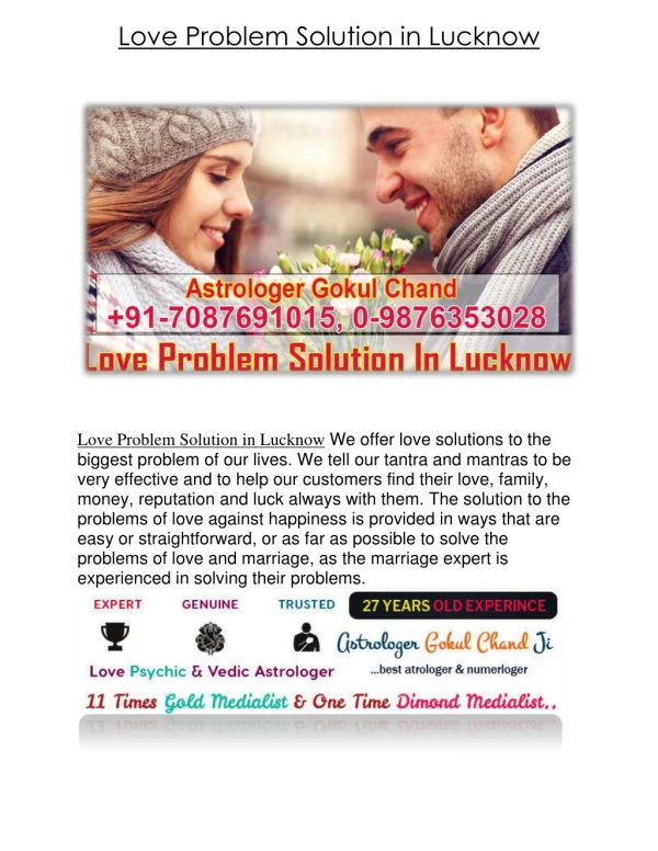 LOVE PROBLEM SOLUTION IN LUCKNOW | 91-7087691015, 0-9876353028 | ASTROLOGER GOKUL CHAND