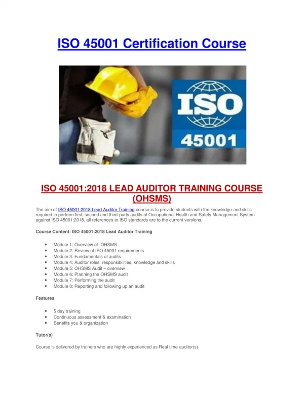 ISO 45001 Lead Auditor Training course