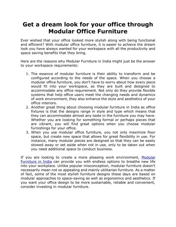 Get a dream look for your office through Modular Office Furniture