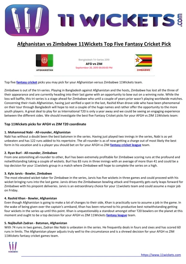 Afghanistan vs Zimbabwe 11Wickets Top Five Fantasy Cricket Pick
