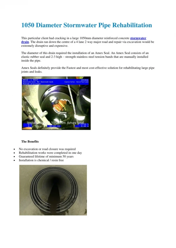 1050 Diameter Stormwater Pipe Rehabilitation