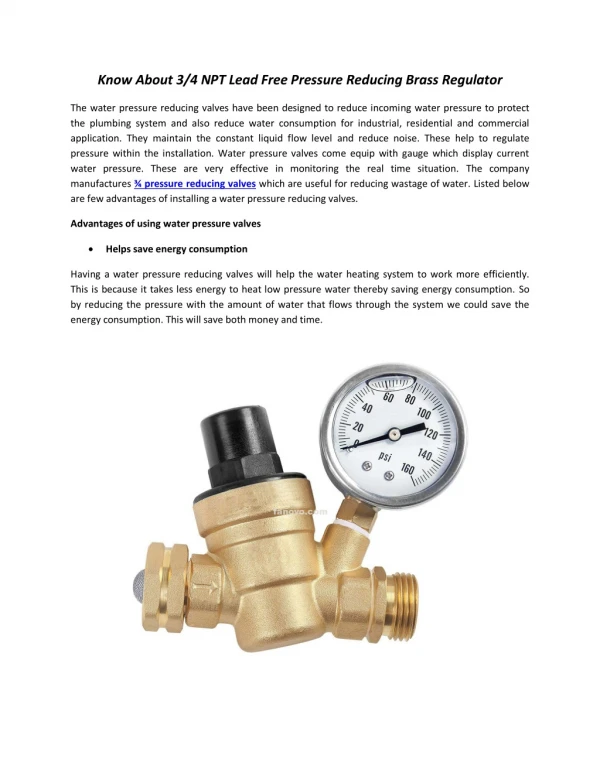 Know About 3/4 NPT Lead Free Pressure Reducing Brass Regulator