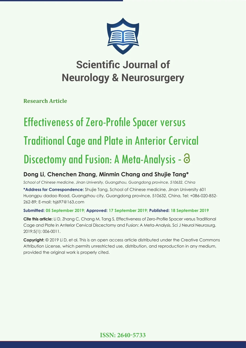 scienti fi c journal of neurology neurosurgery