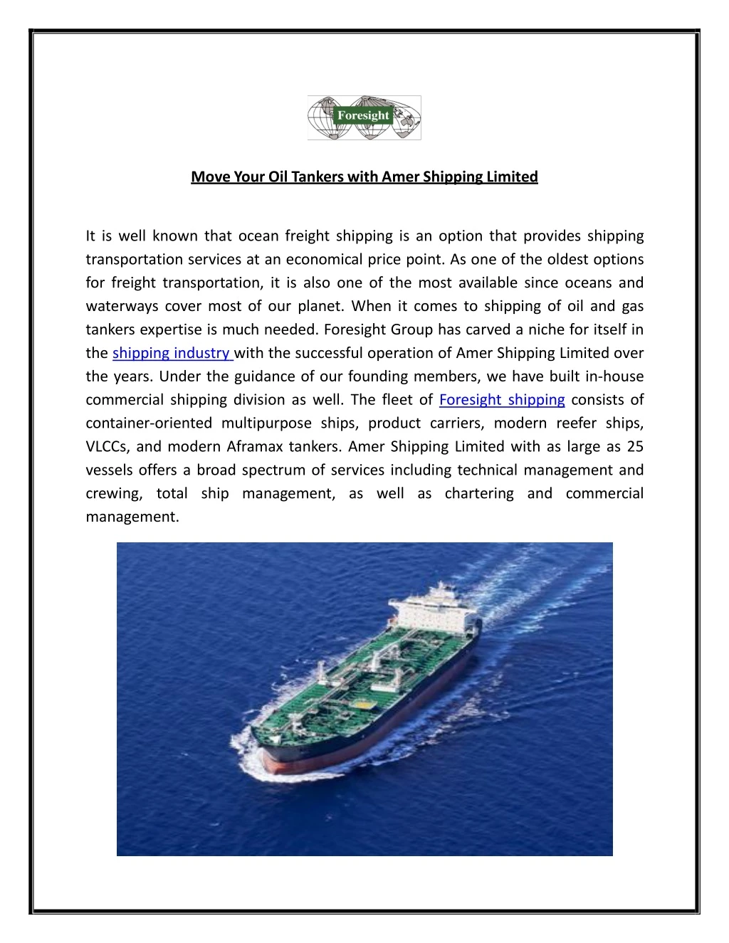 move your oil tankers with amer shipping limited