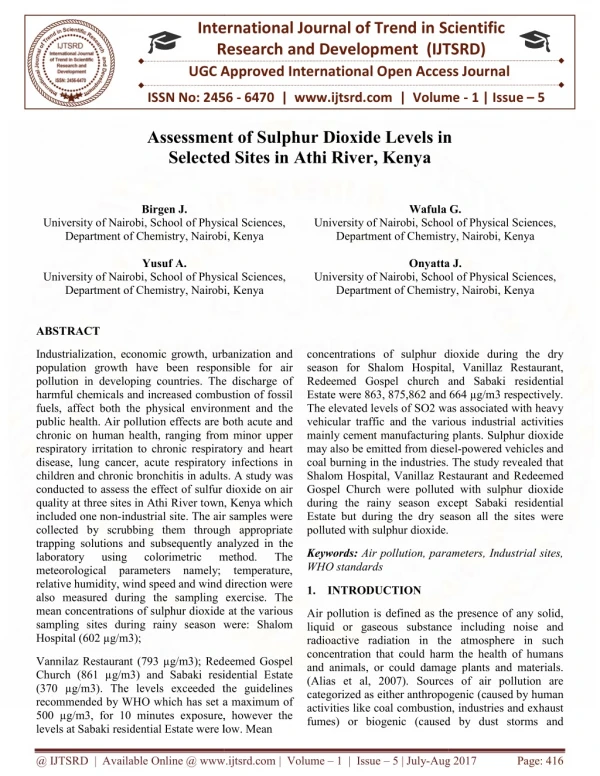 Assessment of Sulphur Dioxide Levels in Selected Sites in Athi River, Kenya