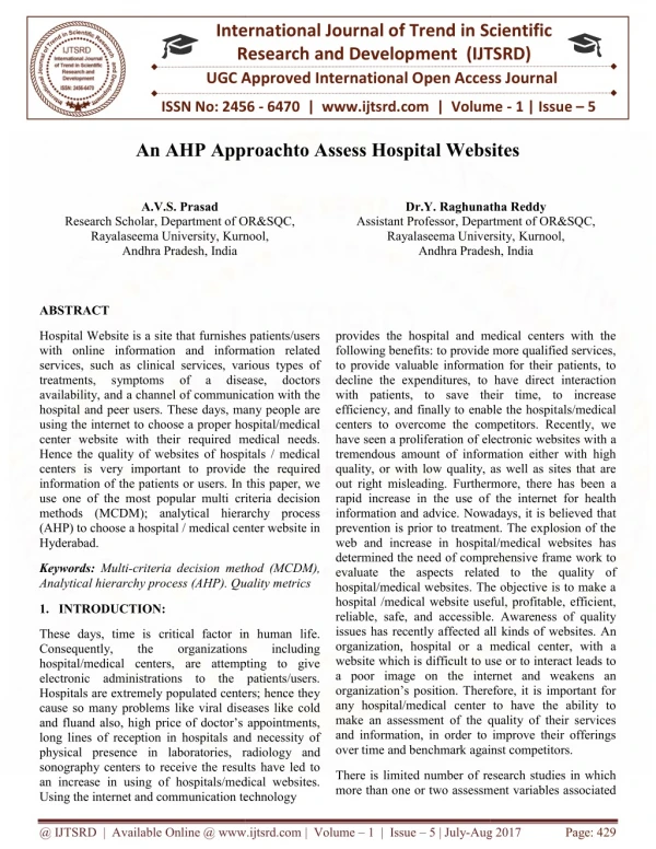 An AHP Approach to Assess Hospital Websites