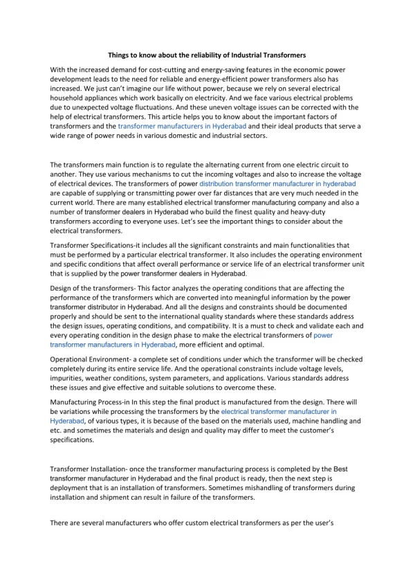things to know about the reliability of industrial transformers