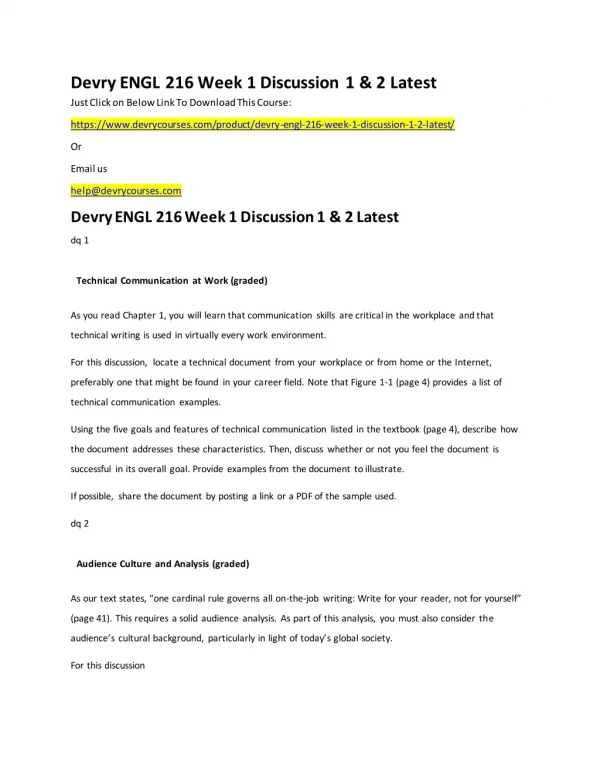 Devry ENGL 216 Week 1 Discussion 1 & 2 Latest