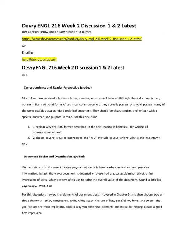 Devry ENGL 216 Week 2 Discussion 1 & 2 Latest