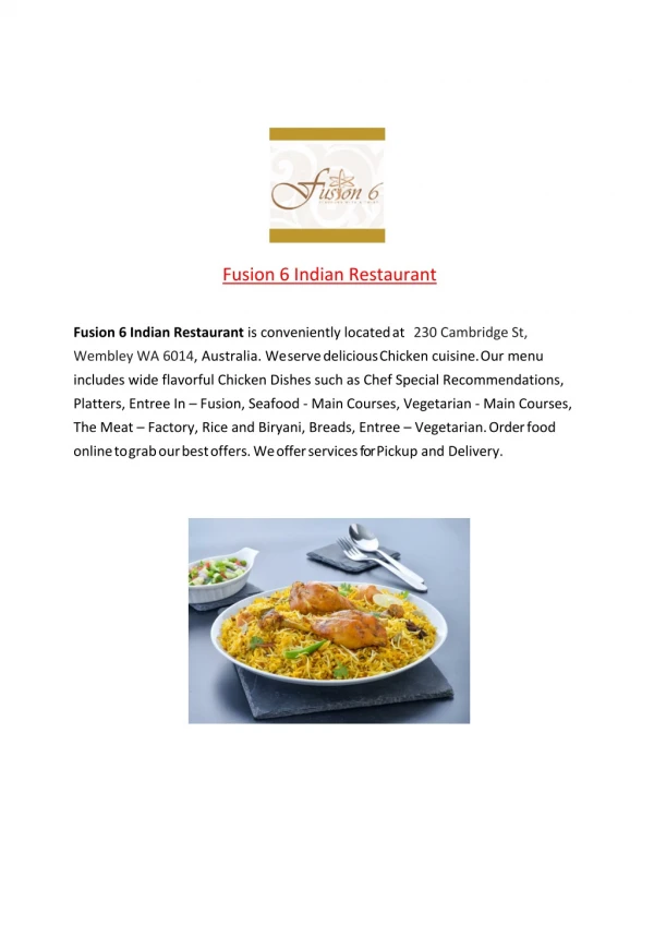 25% Off -Fusion 6 Indian Restaurant-Wembley - Order Food Online