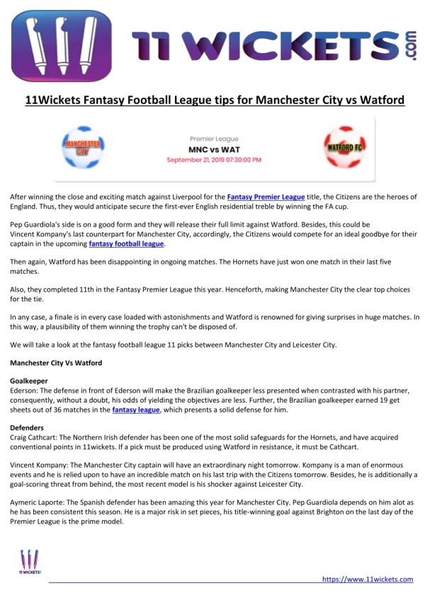 11Wickets Fantasy Football League tips for Manchester City vs Watford