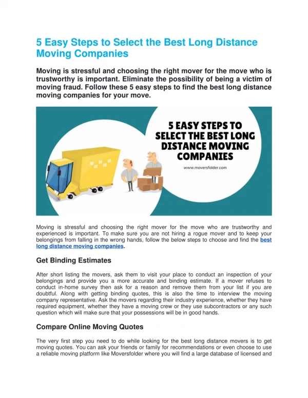 5 Easy Steps to Select the Best Long Distance Moving Companies