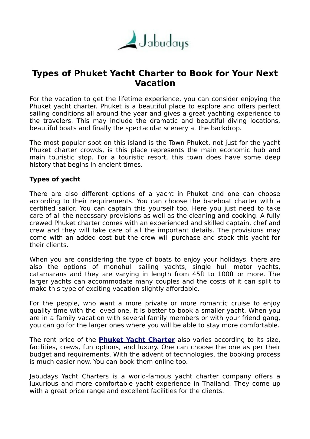types of phuket yacht charter to book for your