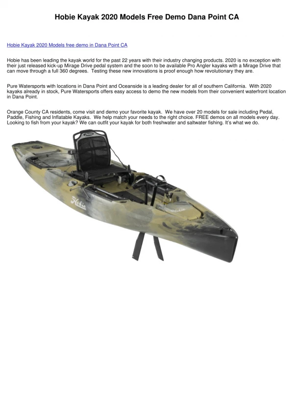 Hobie Kayak 2020 Models Free Demo Dana Point CA