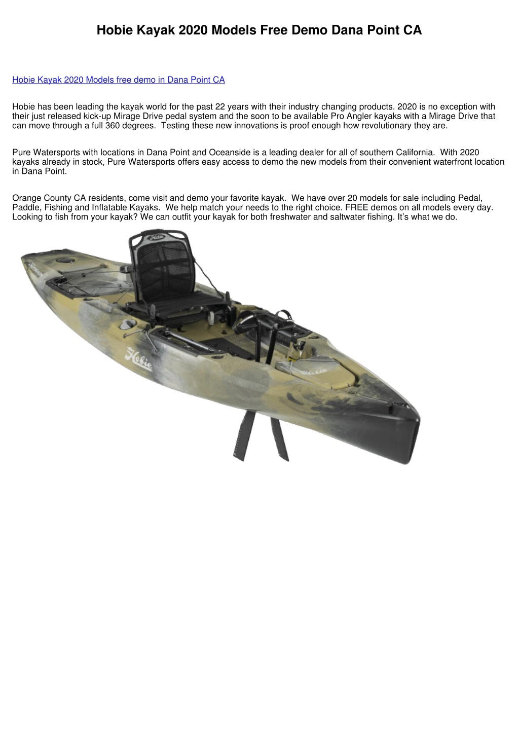 hobie kayak 2020 models free demo dana point ca