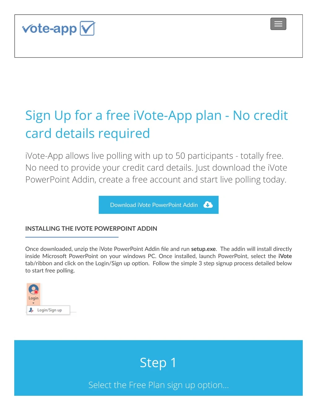 sign up for a free ivote app plan no credit card