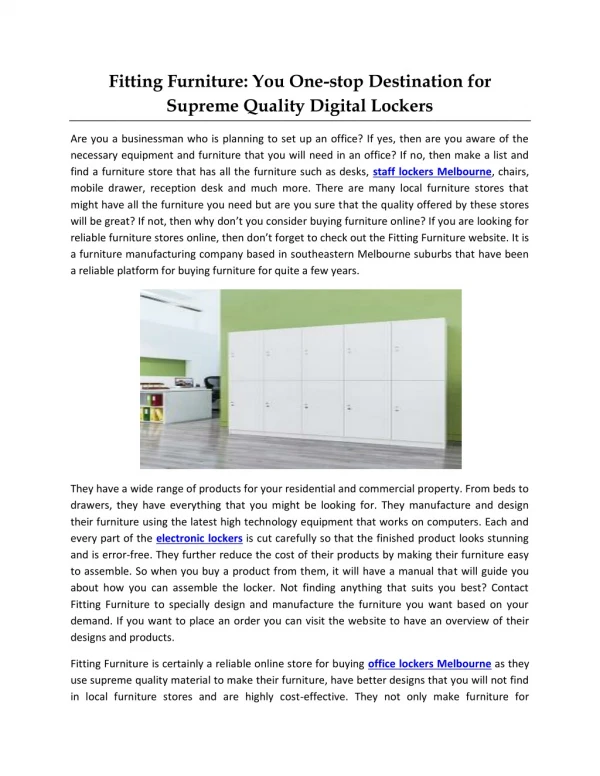 Fitting Furniture: You One-stop Destination for Supreme Quality Digital Lockers