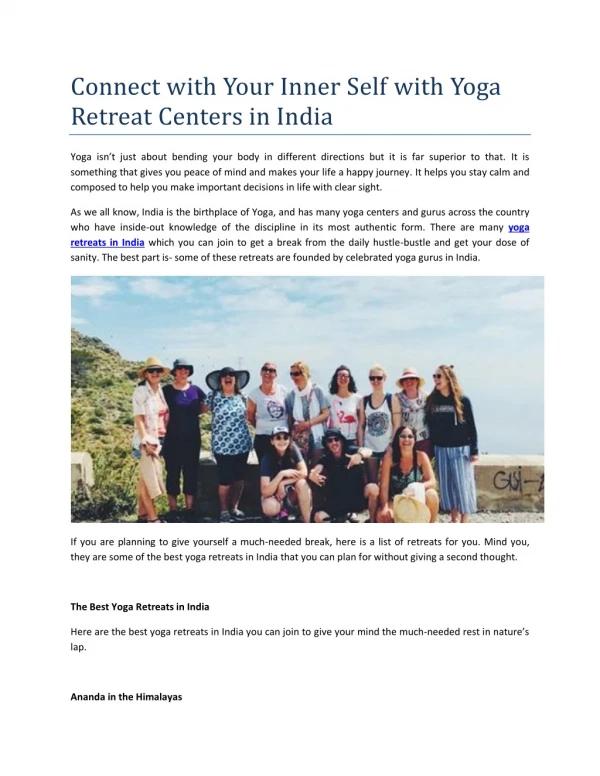Connect with Your Inner Self with Yoga Retreat Centers in India
