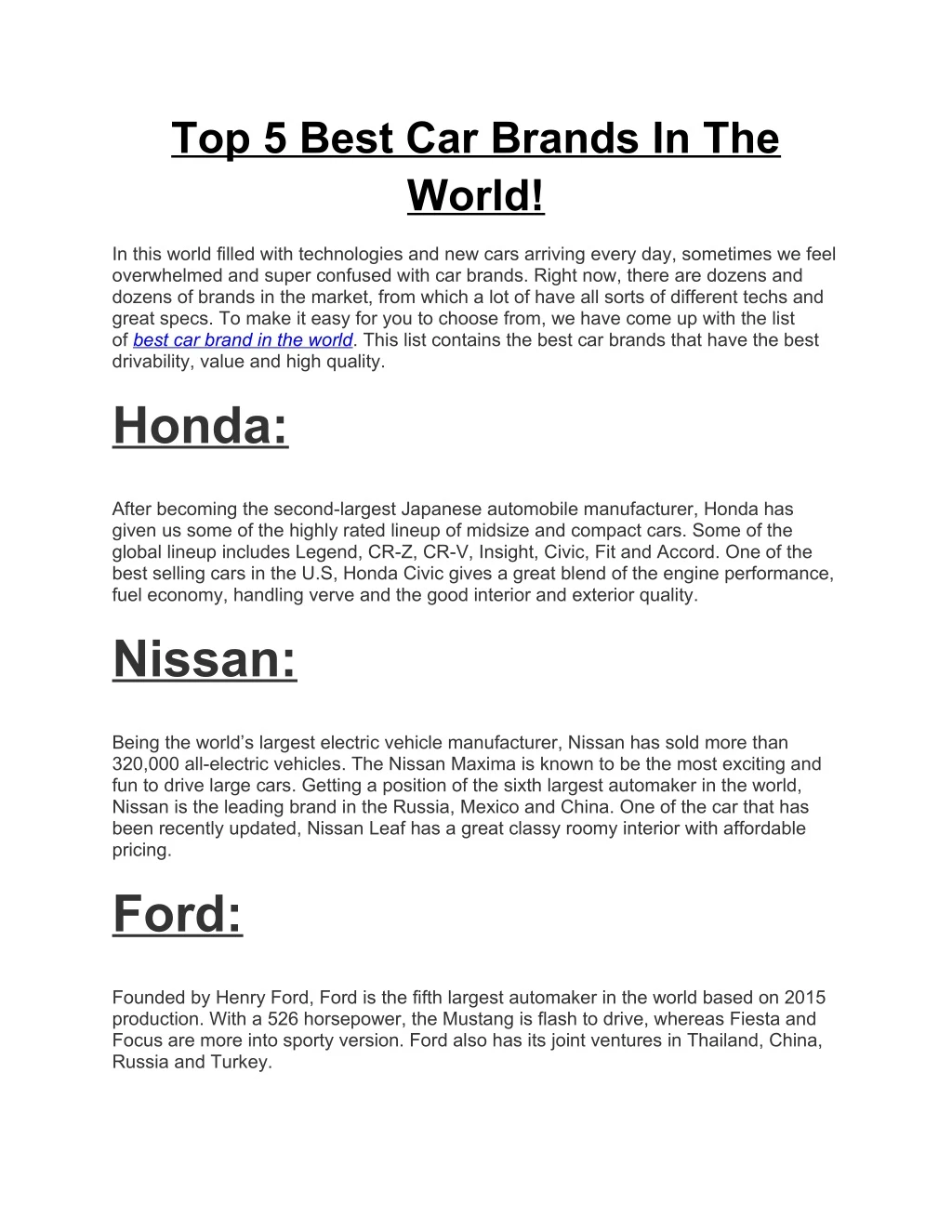 top 5 best car brands in the world