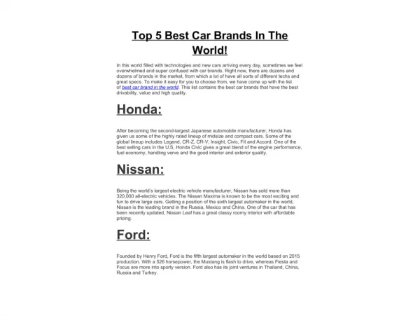 Top 5 Best Car Brands In The World!