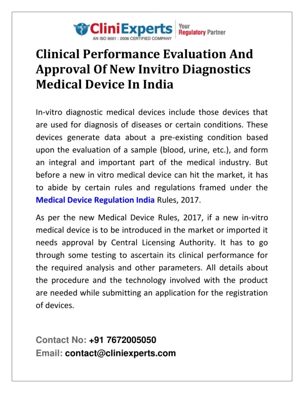Clinical Performance Evaluation And Approval Of New Invitro Diagnostics Medical Device In India