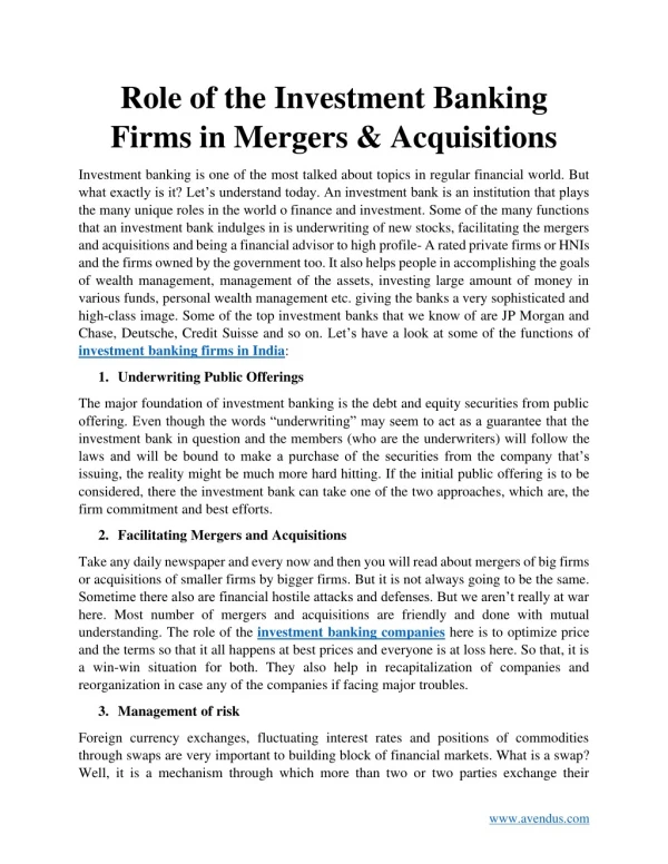 Role of the Investment Banking Firms in Mergers & Acquisitions?